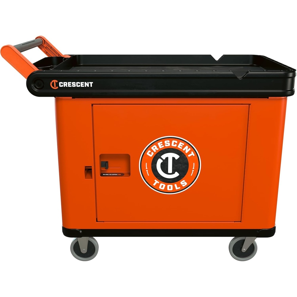 image:imageCrescent RAILWORKS 2 Shelf Industrial Utility Cart with 5 Hard Casters and Single Door Security Panel  IUC2SCBM1DLRSingle Door