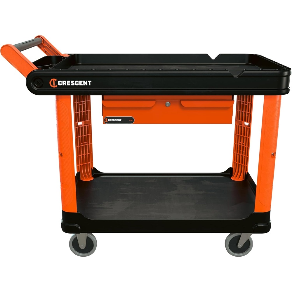 image:imageCrescent RAILWORKS 2 Shelf Industrial Utility Cart with 5 Hard Casters and Single Door Security Panel  IUC2SCBM1DLRTool Drawer